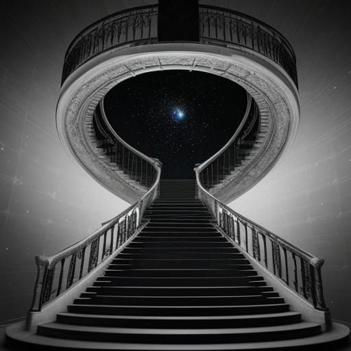 Charcoal Staircase Ascends into the Stars in a Dreamlike Sce...