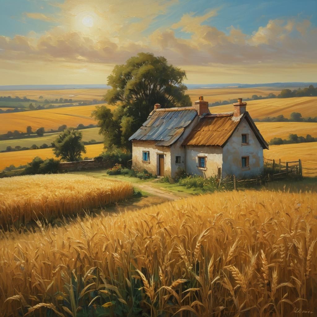 Idyllic Cottage and Golden Field Oil Painting