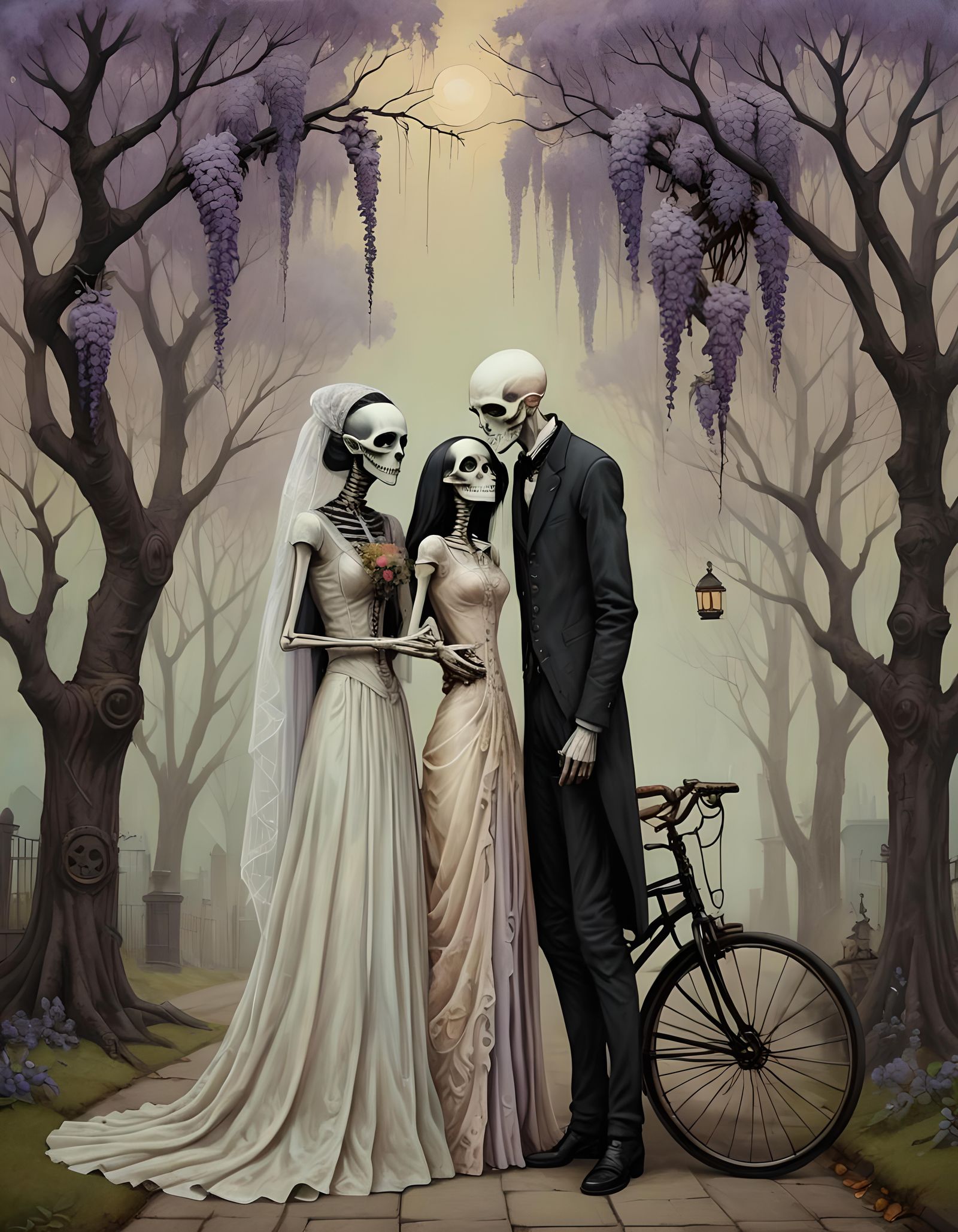 Steampunk Nosferatu and Skeletal Bride in Victorian Era