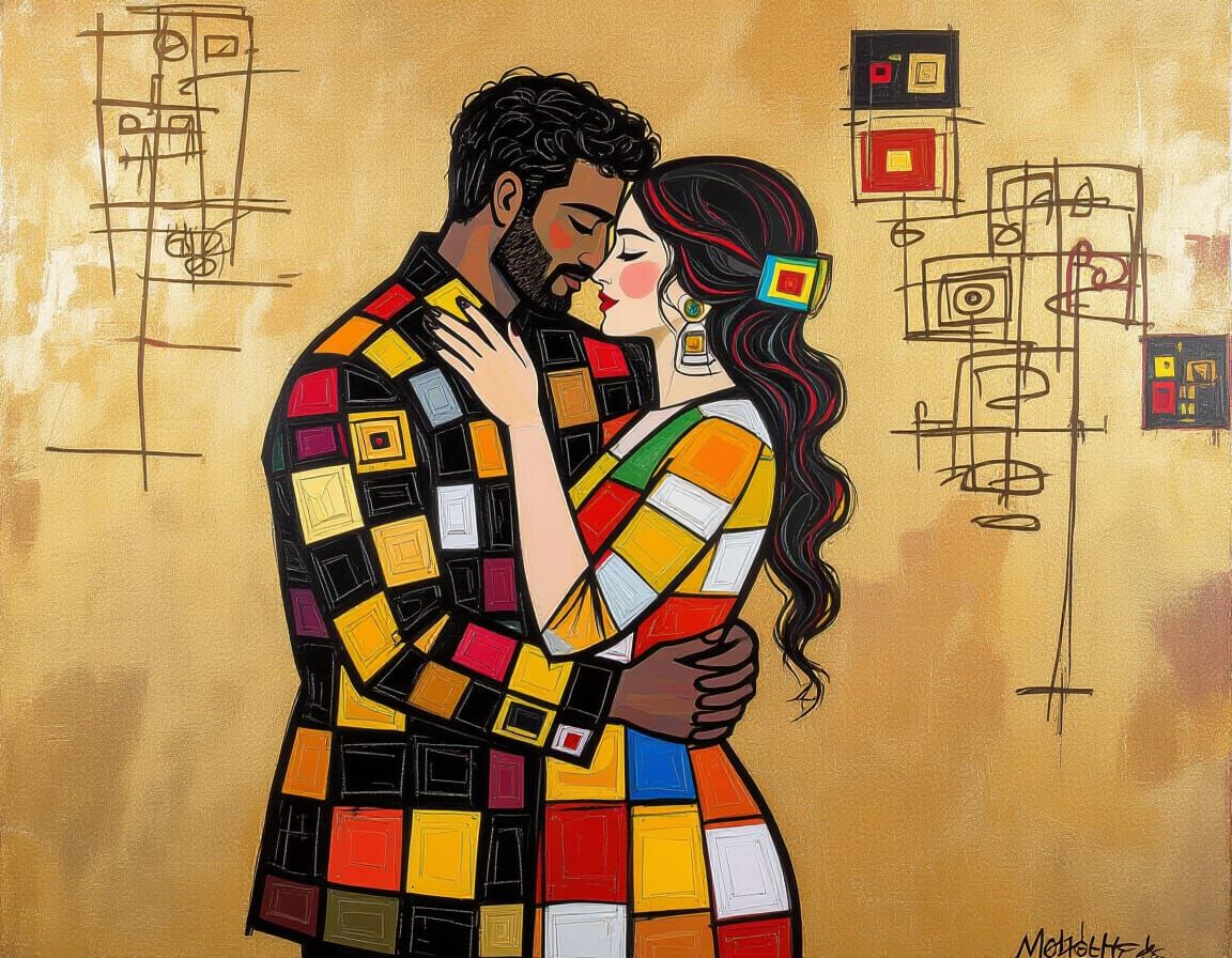 Embracing Couple in Expressionist Style with Gold Accents