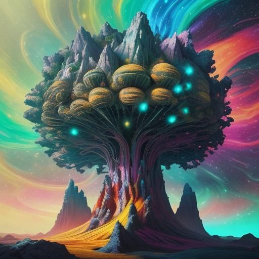 Cosmic Surrealism: Dreamlike Landscape with Vibrant Colors