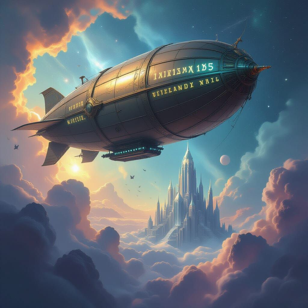 Airship in Cosmic Nebula Above Crystalline Citadel