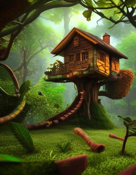 Cheddar Treehouse in Swiss Cheese Forest: Cubist Concept Art