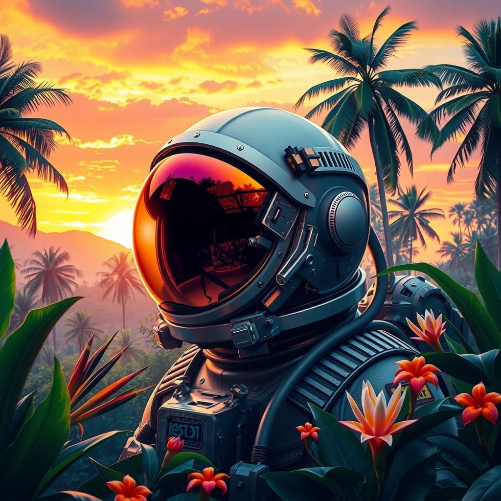 Astronaut in Rainforest Sunset with Reflective Helmet