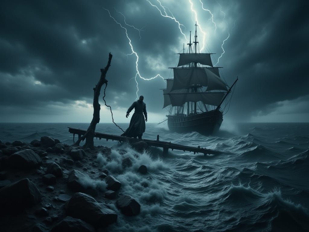 Man Walks Plank Into Stormy Ocean with Shark