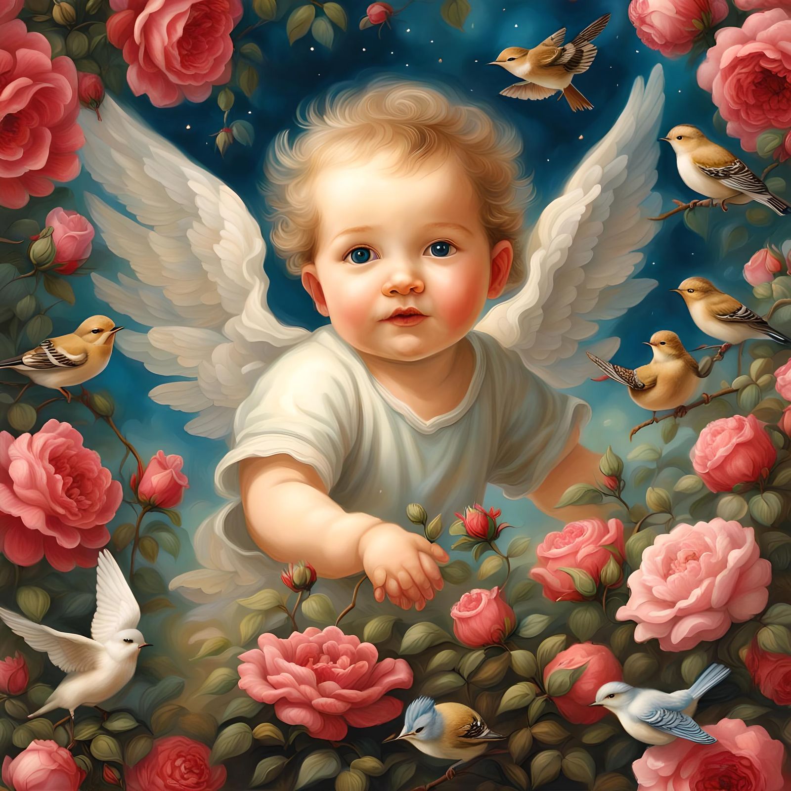 Hyperrealistic Cherubs in a Celestial Rose Garden