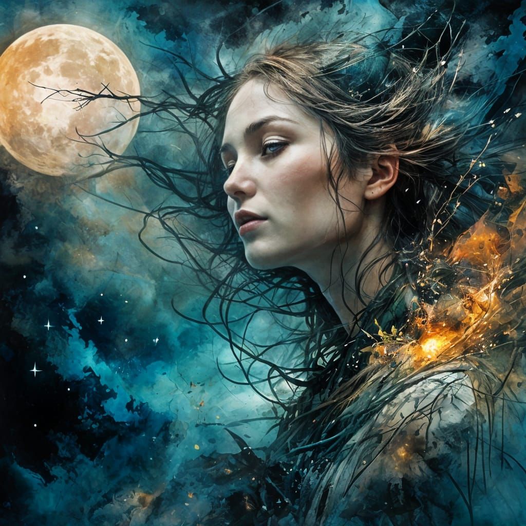 Ethereal Figures Approach Woman in Dreamcore Moonscape