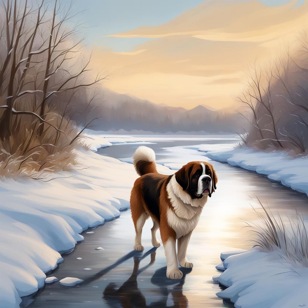 Saint Bernard Walks Icy Riverbank in Winter