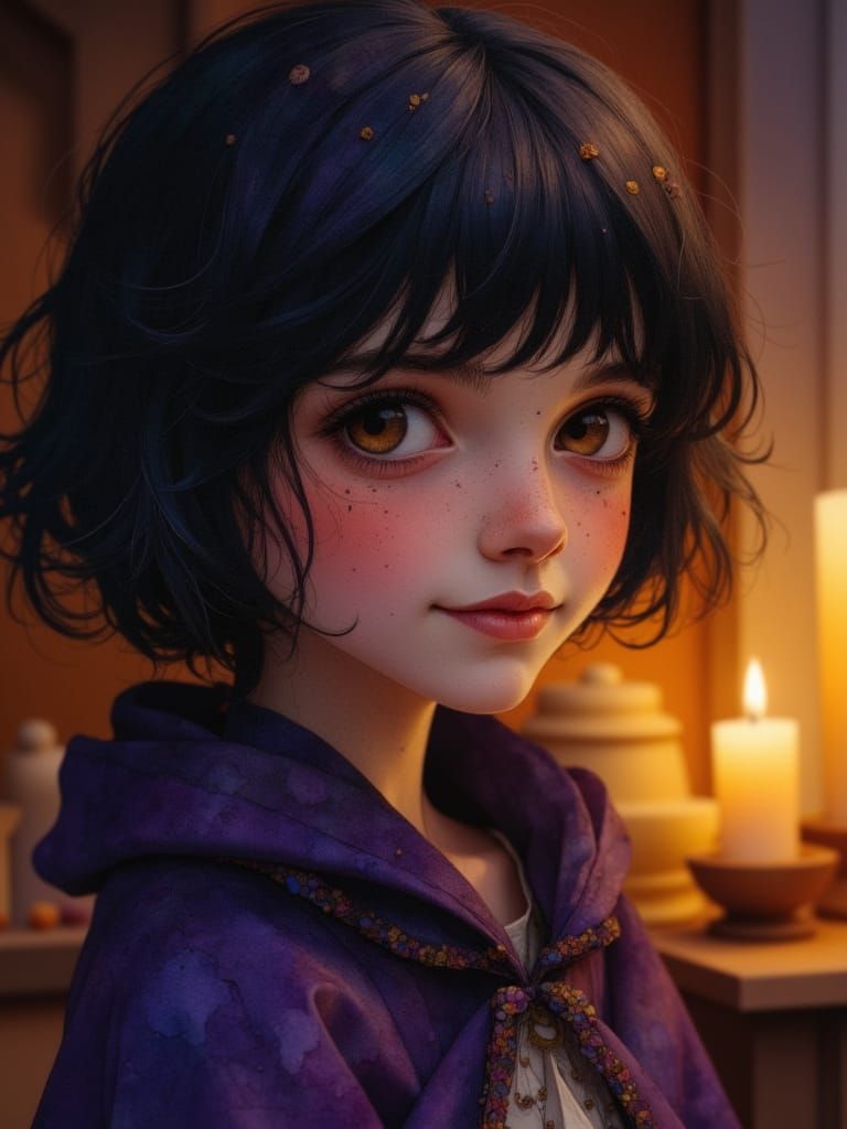 Anime Witch Girl with Freckles in Enchanted Room