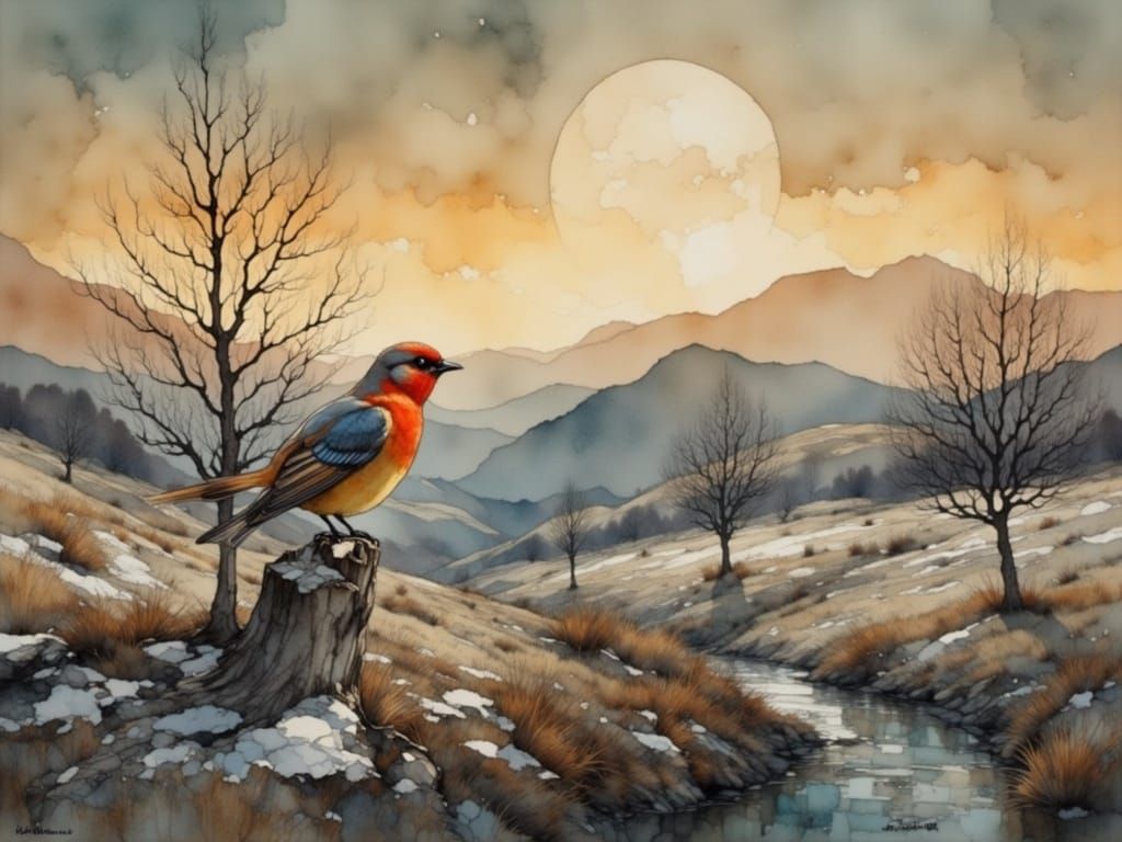 Bird on Rosa Canina in Misty Landscape, Painterly Style