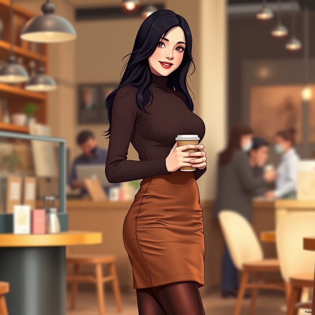 Anime-Inspired Young Woman in Coffee Shop