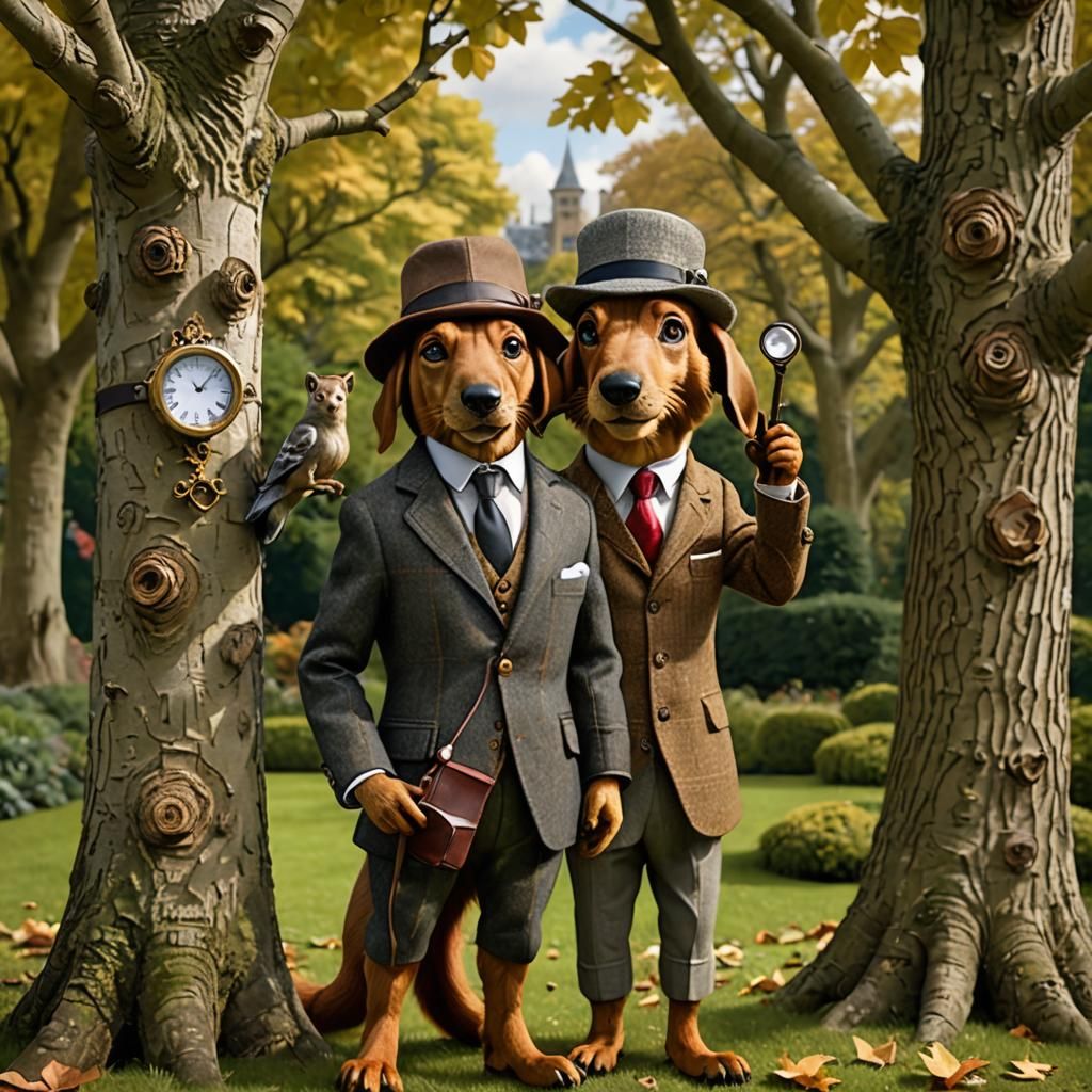 Anthropomorphic Animals Investigate Cicada in Formal Garden