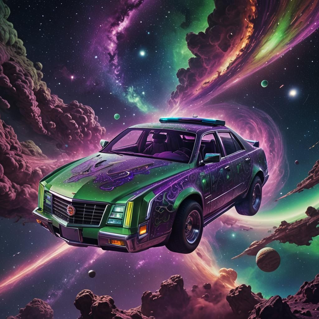 Astronaut Drives Cadillac in Surreal Outer Space Painting
