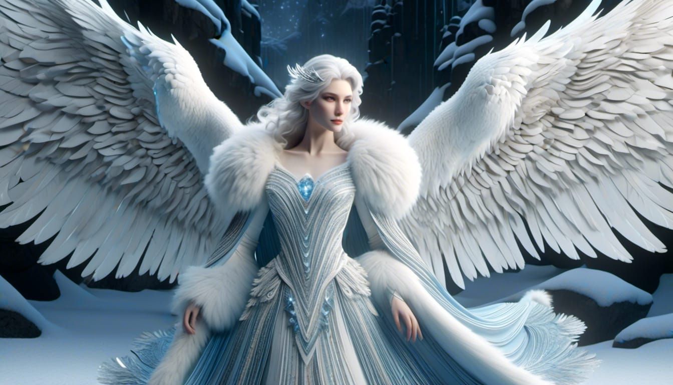 Curvaceous Winter Angel with Polar Bear, Fantasy Art