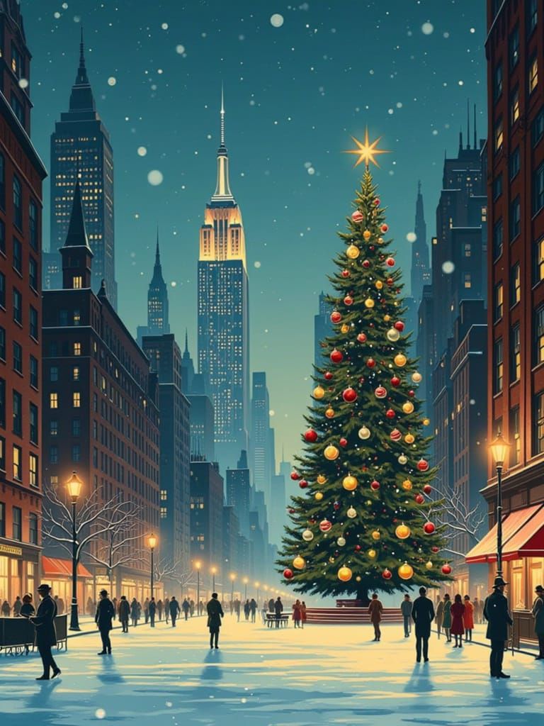 Festive Christmas Cityscape with Ice Skaters and Art Deco Sk...