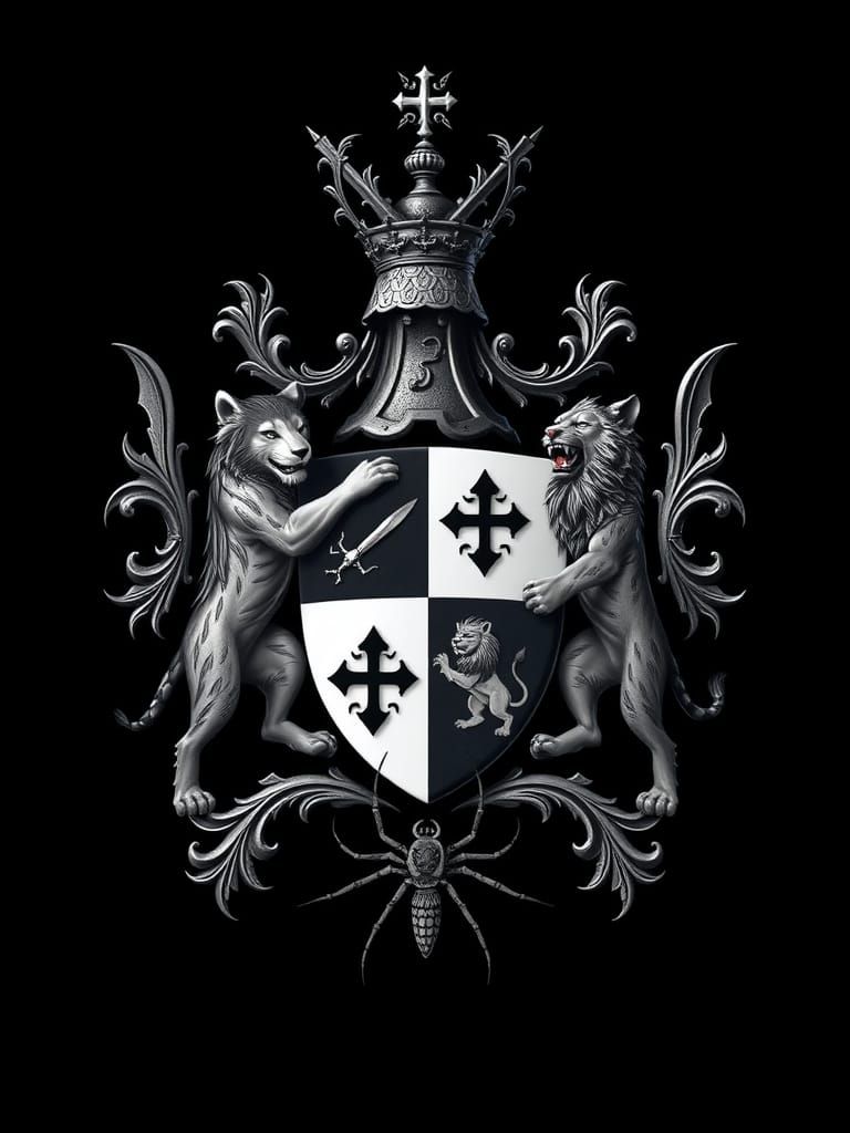 Family crest with a wolf, a tiger, a lion and a spider