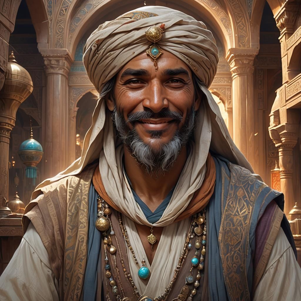 Fantasy Portrait of Smiling Arab Merchant