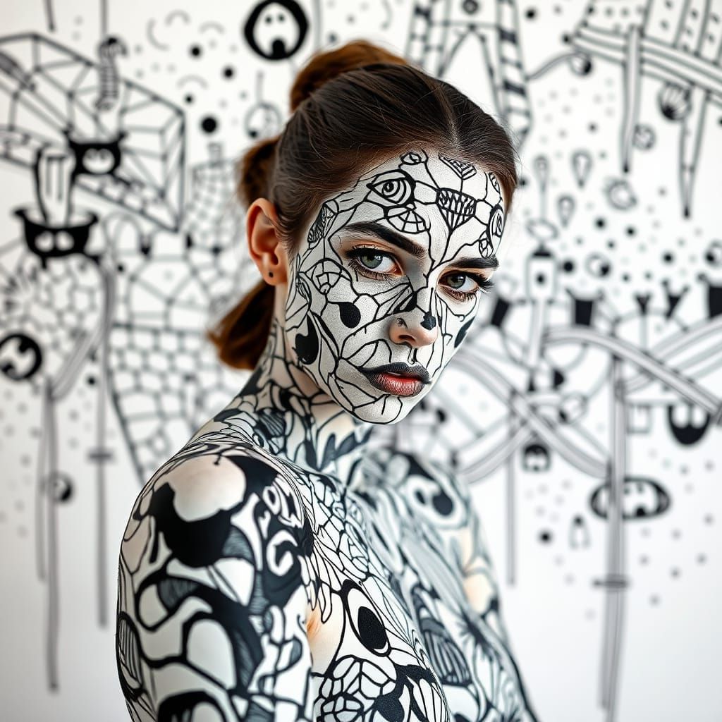 Abstract Body Paint Art on Scared Woman