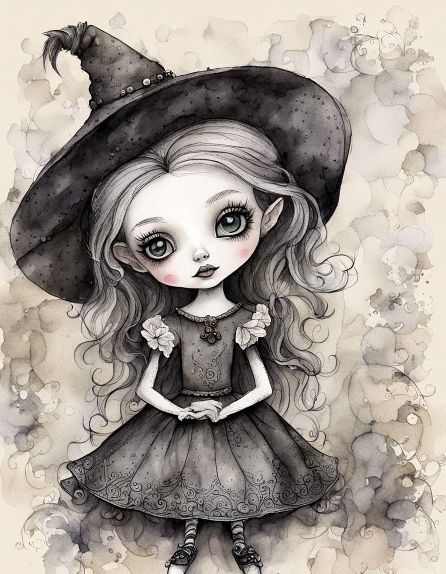 Charming Witchy Bobblehead Doll in Watercolor Style