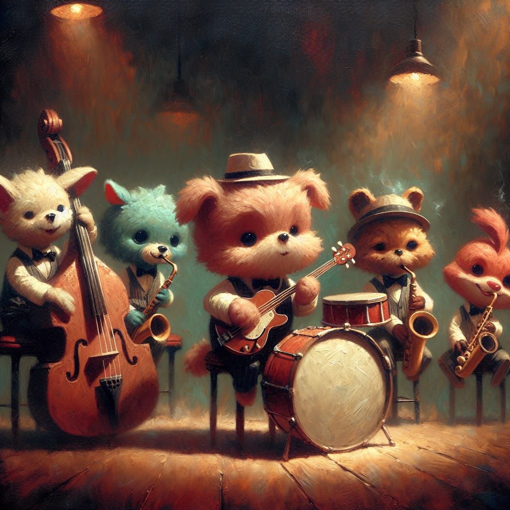 Anthropomorphic Jazz Band in Smokey Bar, Oil on Canvas