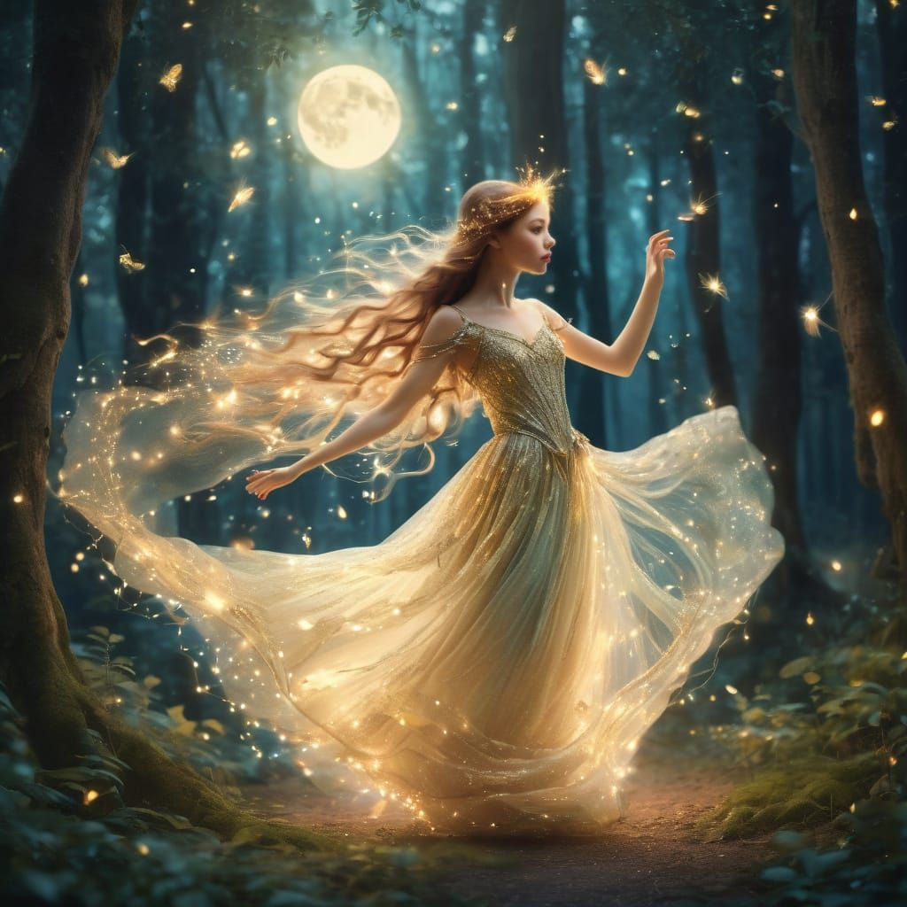 Enchanted Forest Nymph in Radiant Gown Dances Under Starligh...