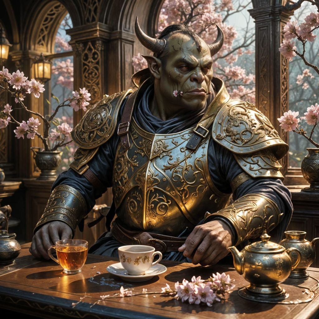 Orc Warrior in Tea Room: Surreal Dark Fantasy Art