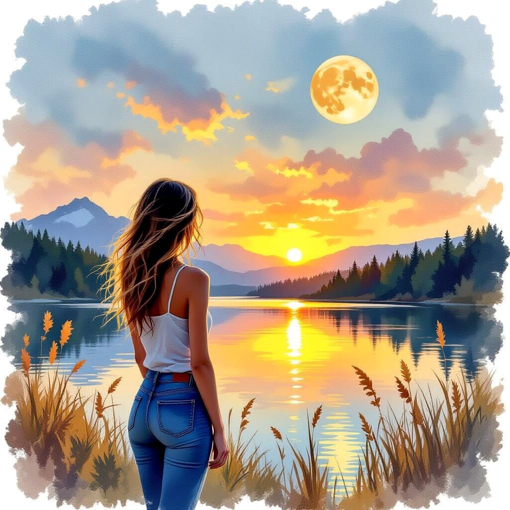 Woman Gazing at Summer Sunset, Digital Watercolor