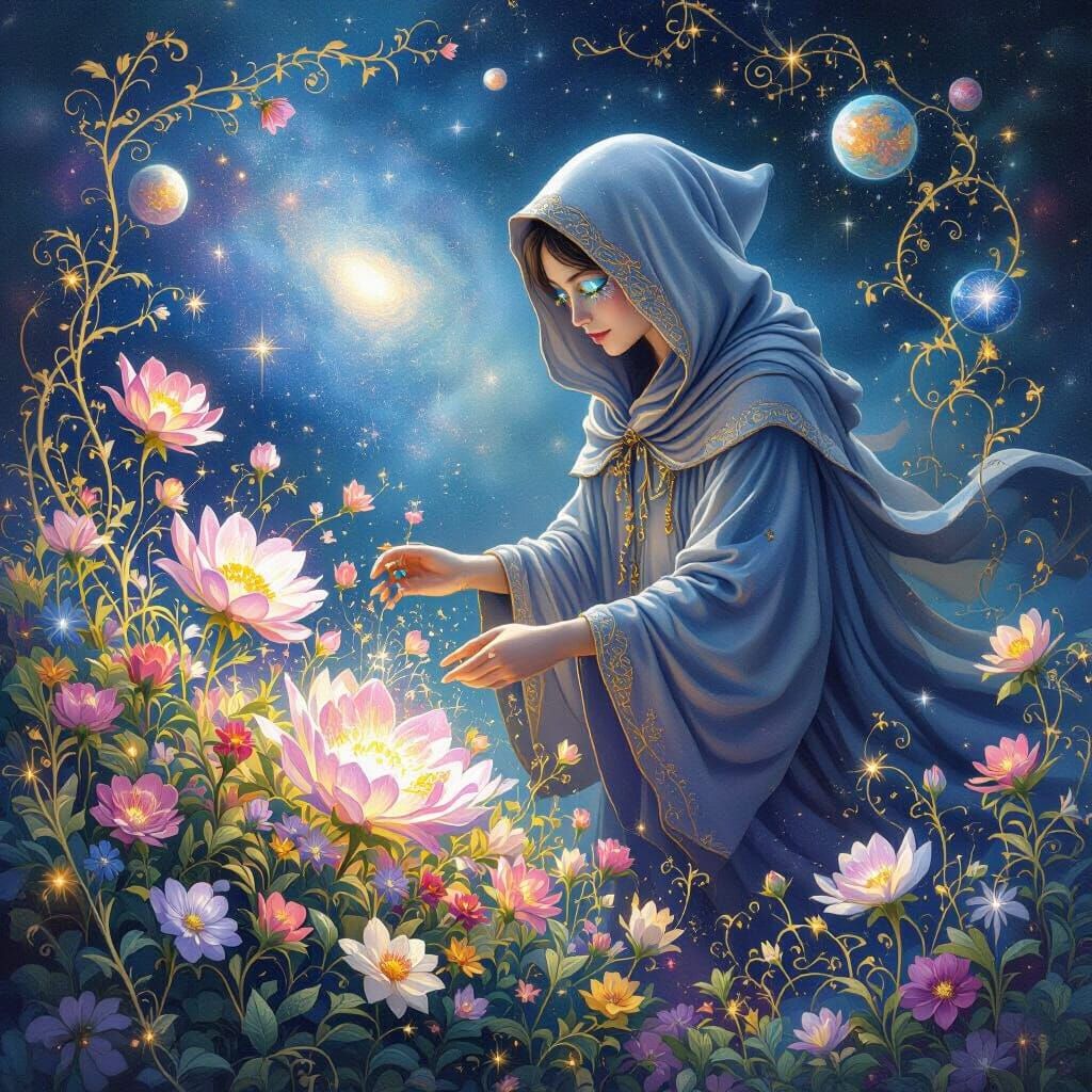 Cosmic Gardener Tending Nebula Garden in Surreal Style
