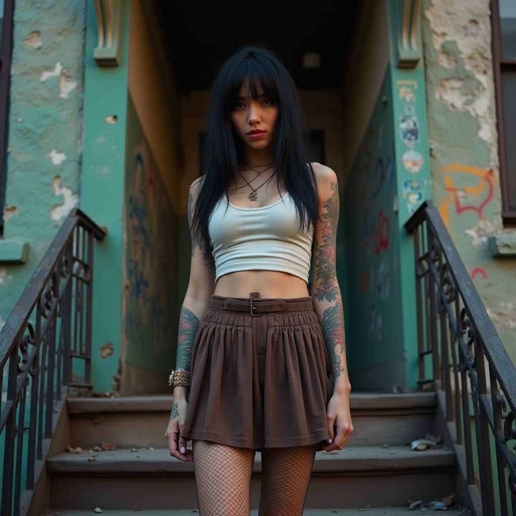 Native American Woman on Tenement Stoop Photo