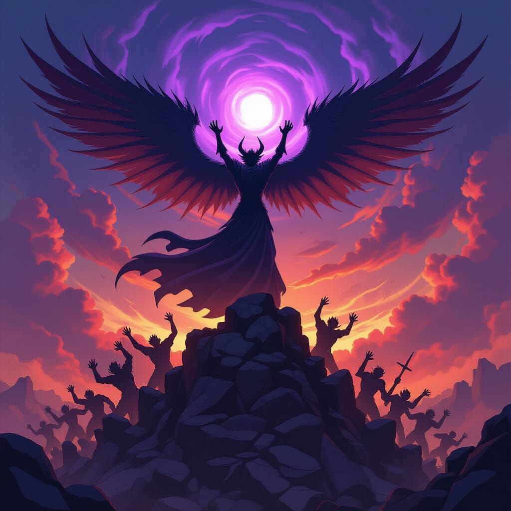 Winged Demon Commands Monstrous Army in Anime Style