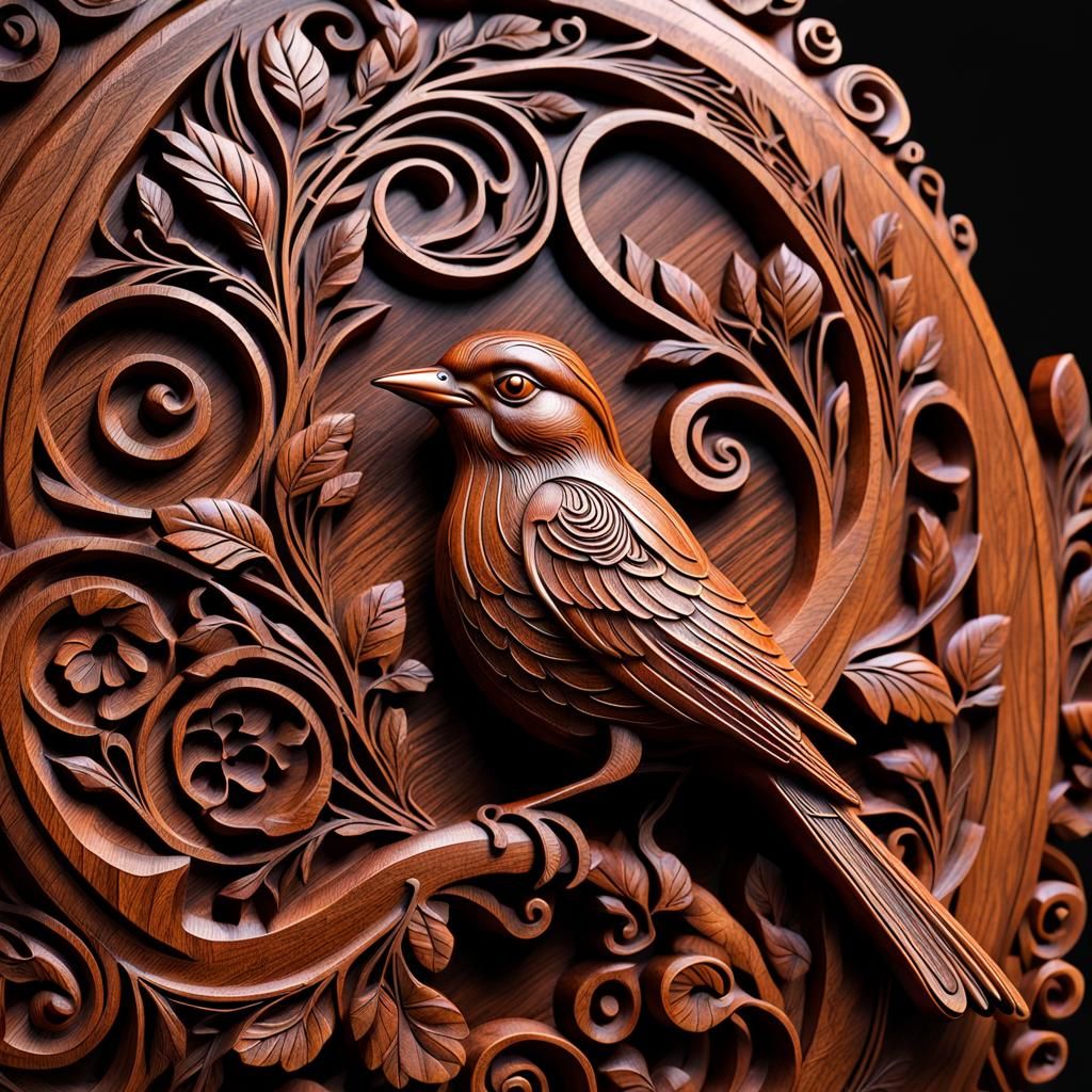 Intricate Mahogany Wood Carving of Musical Bird