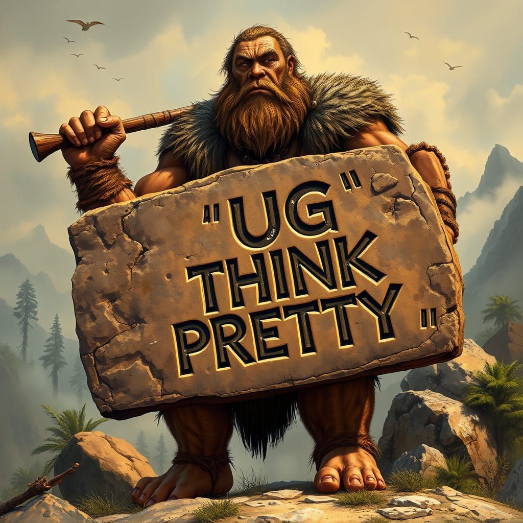 Gigantic Caveman Holds Stone Sign in Prehistoric Landscape