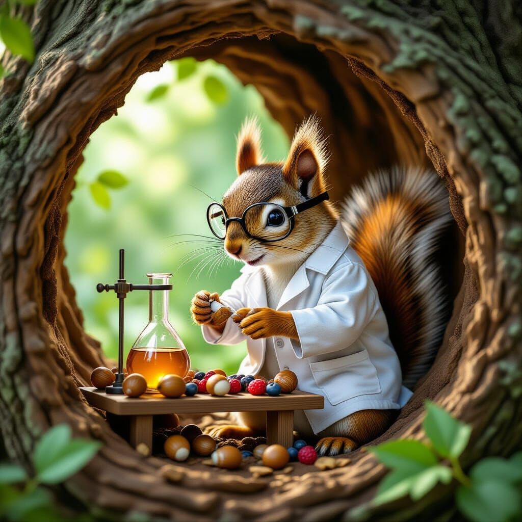 Squirrel Scientist Conducting Acorn Experiment in Hyperreali...