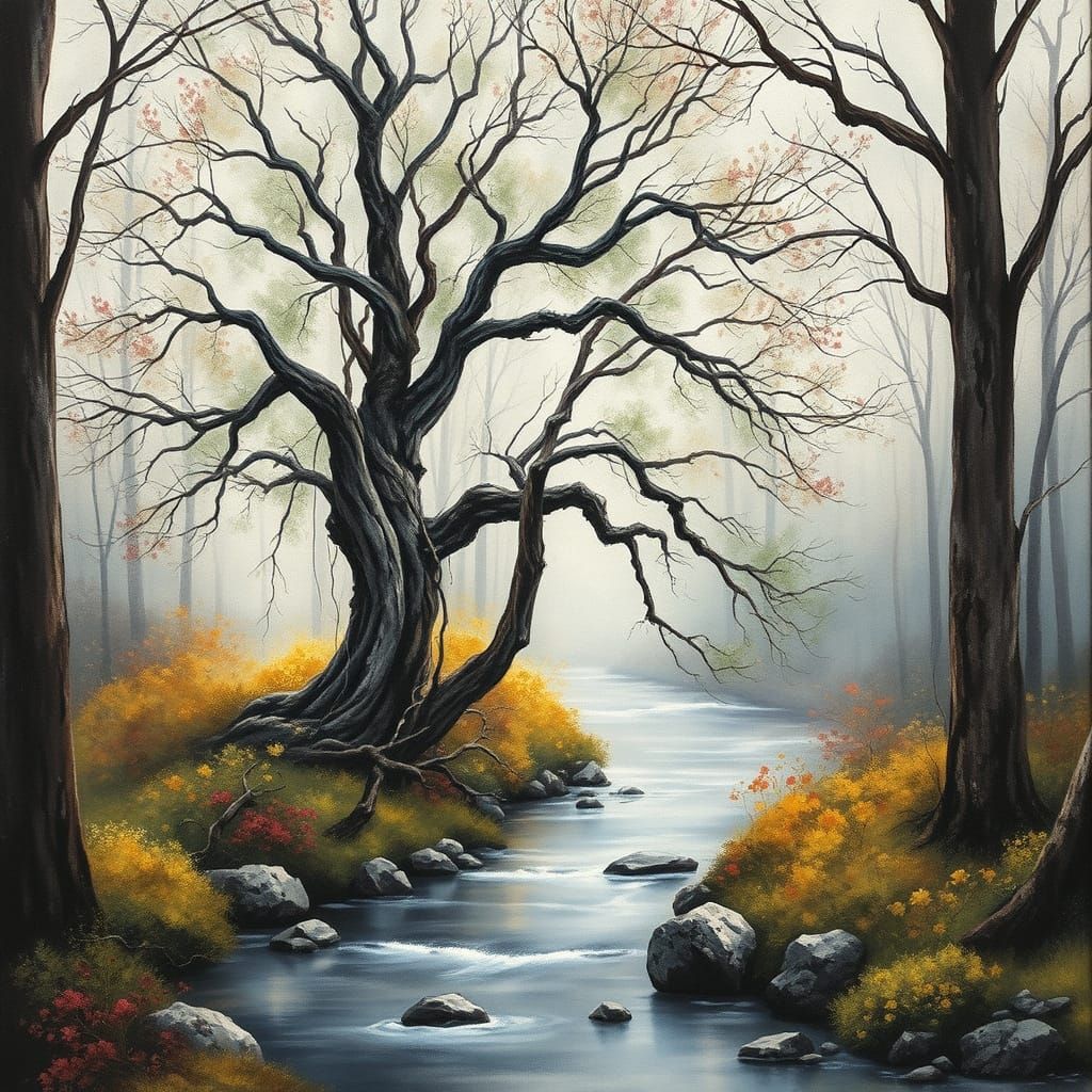 Enchanting River: Hyperdetailed Charcoal Drawing in Gouache ...