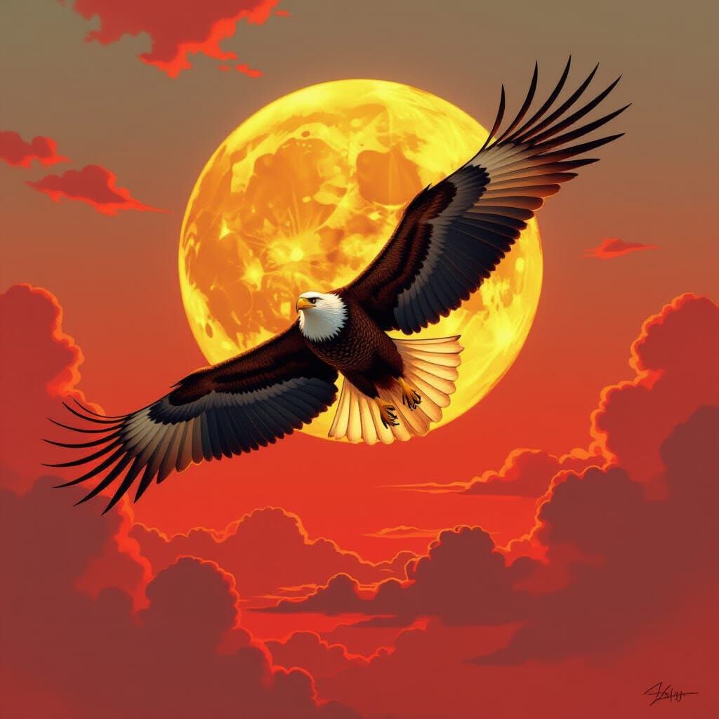 Golden Eagle Soaring Through Fiery Red Sky