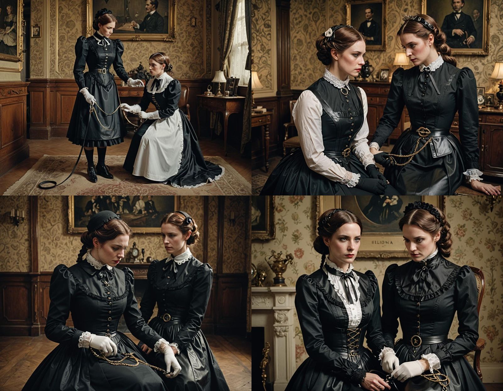 Victorian Mistress with Leashed Maid: Cinematic Film Still