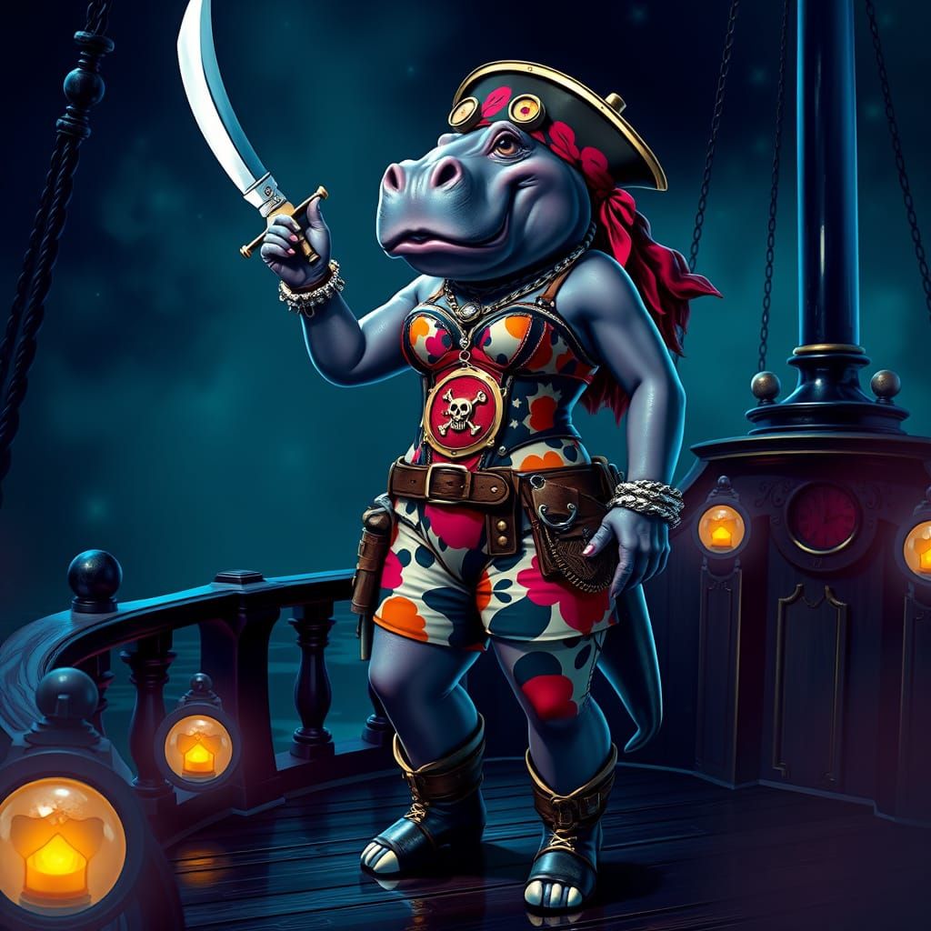 Steampunk Hippo Pirate on Ship Deck in Pop Art Style