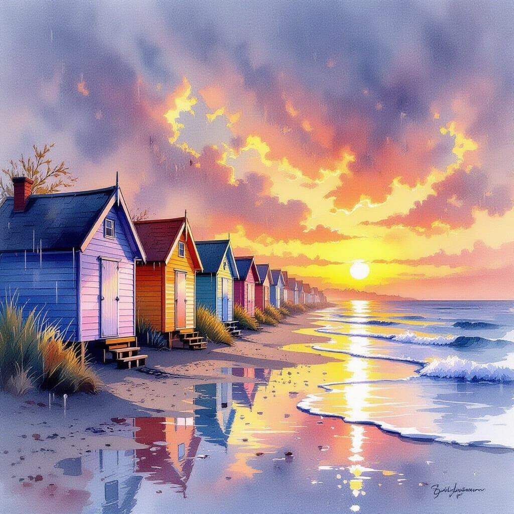 Dreamlike Beach Huts at Sunset in Watercolour Style