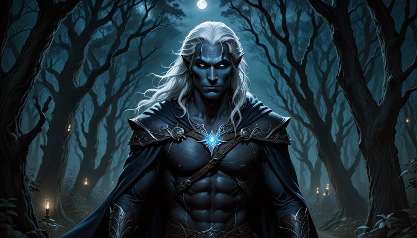 Surreal Dark Fantasy Scene with Enchanted Forest and Drow Fi...