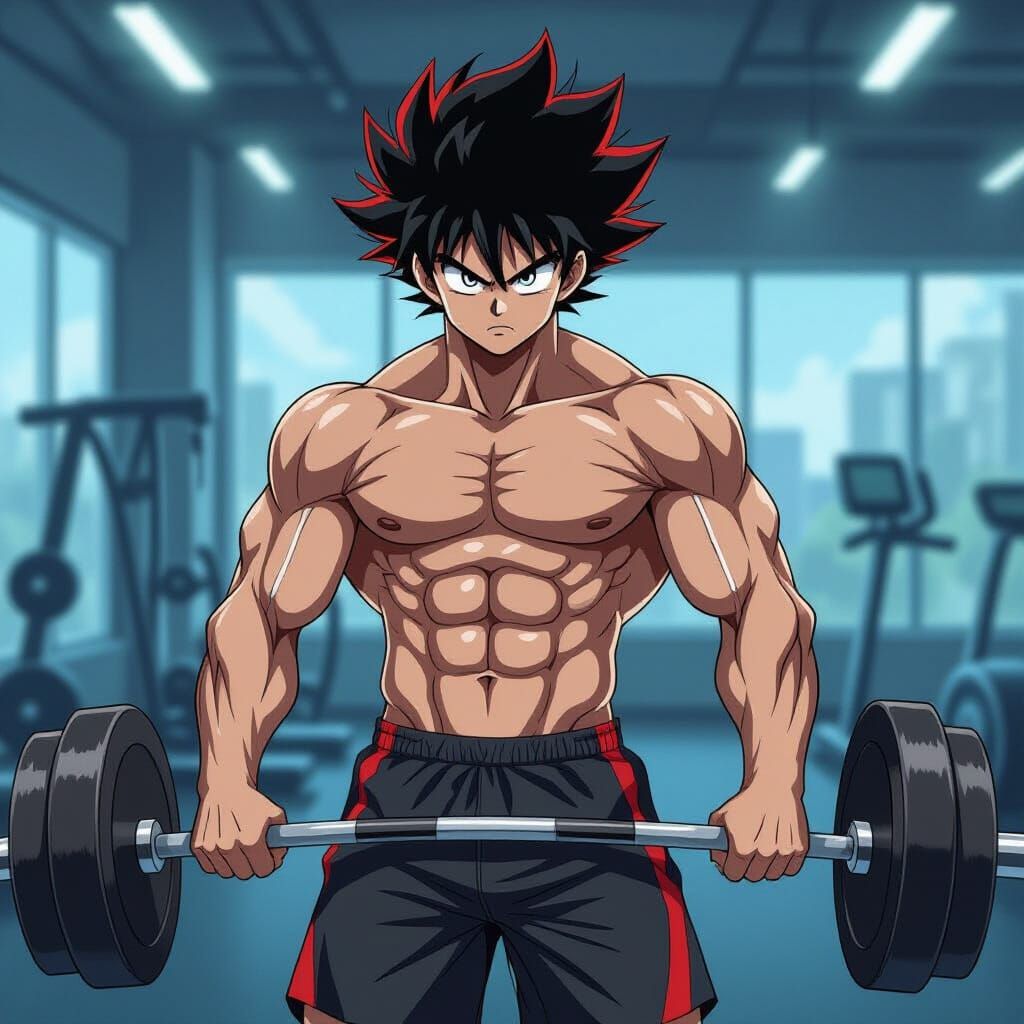 Muscular Anime Man Lifting Weights in Gym