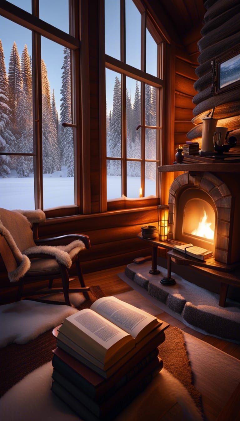 Winter Cabin Interior With Snowy Landscape