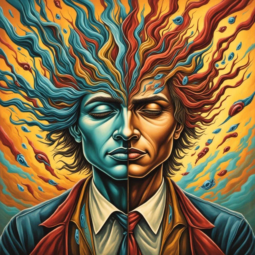 Surreal Double Portrait in Vibrant Dreamlike Landscape