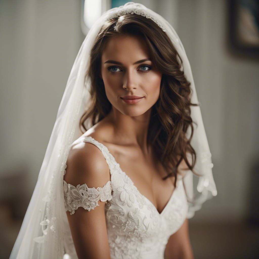 Brunette Bride in Wedding Gown: Close-Up Photo