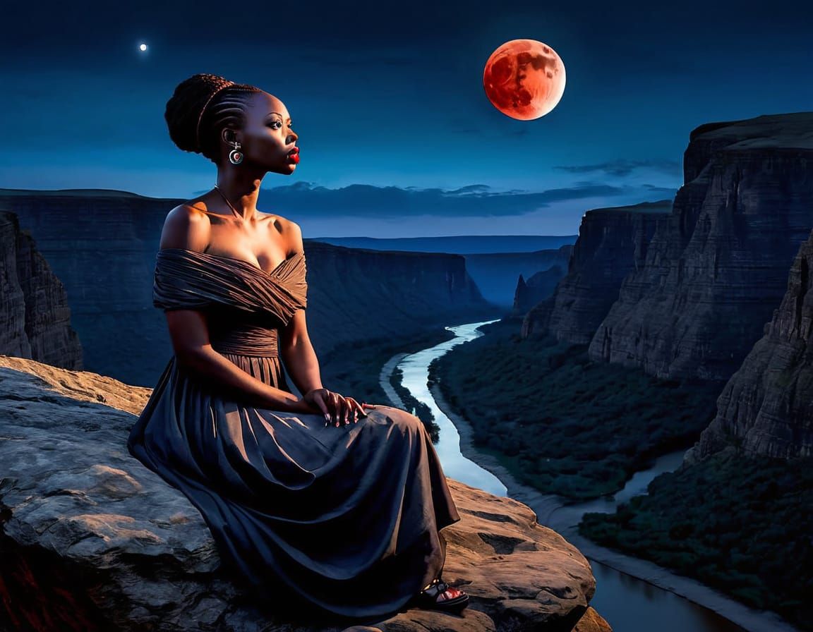 Gothic Apocalypse: Woman Watches Blood Moon Over River