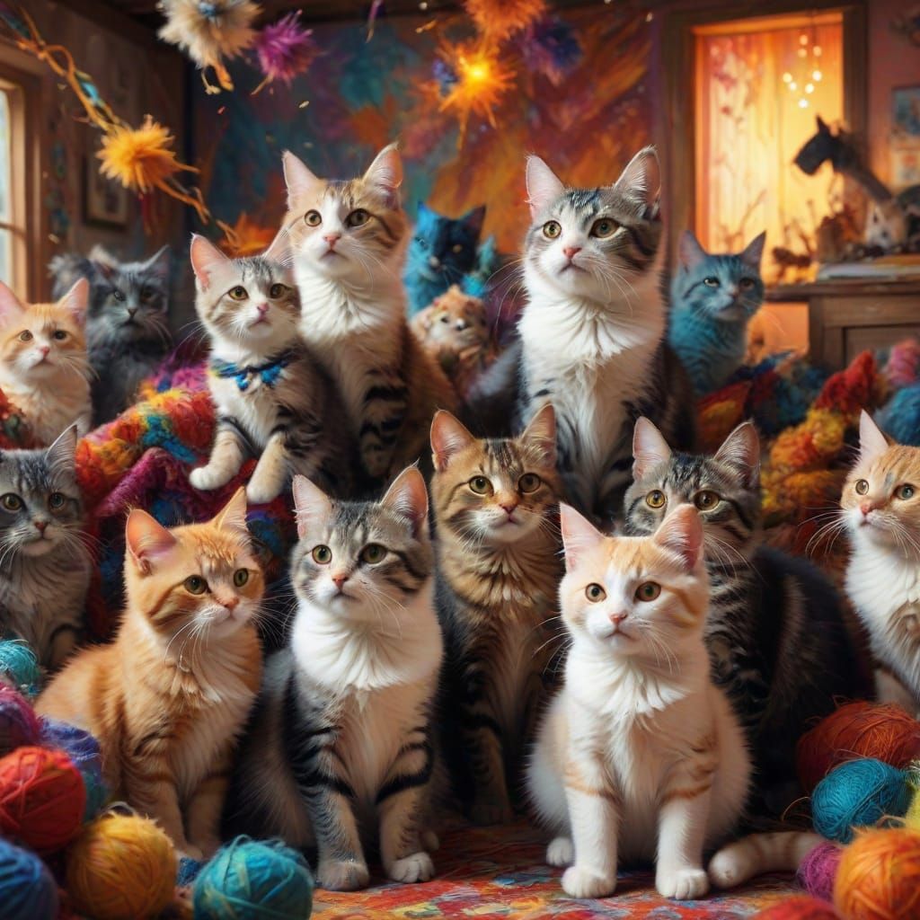 Cats in Whimsical Wonderland, Vibrant Oil Painting