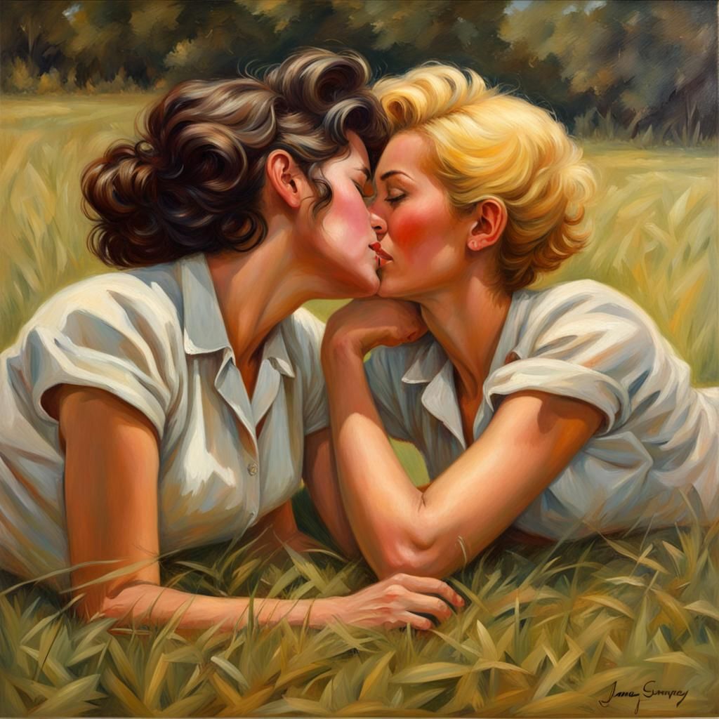Vintage Romance: Two Women in a Field, Oil Painting