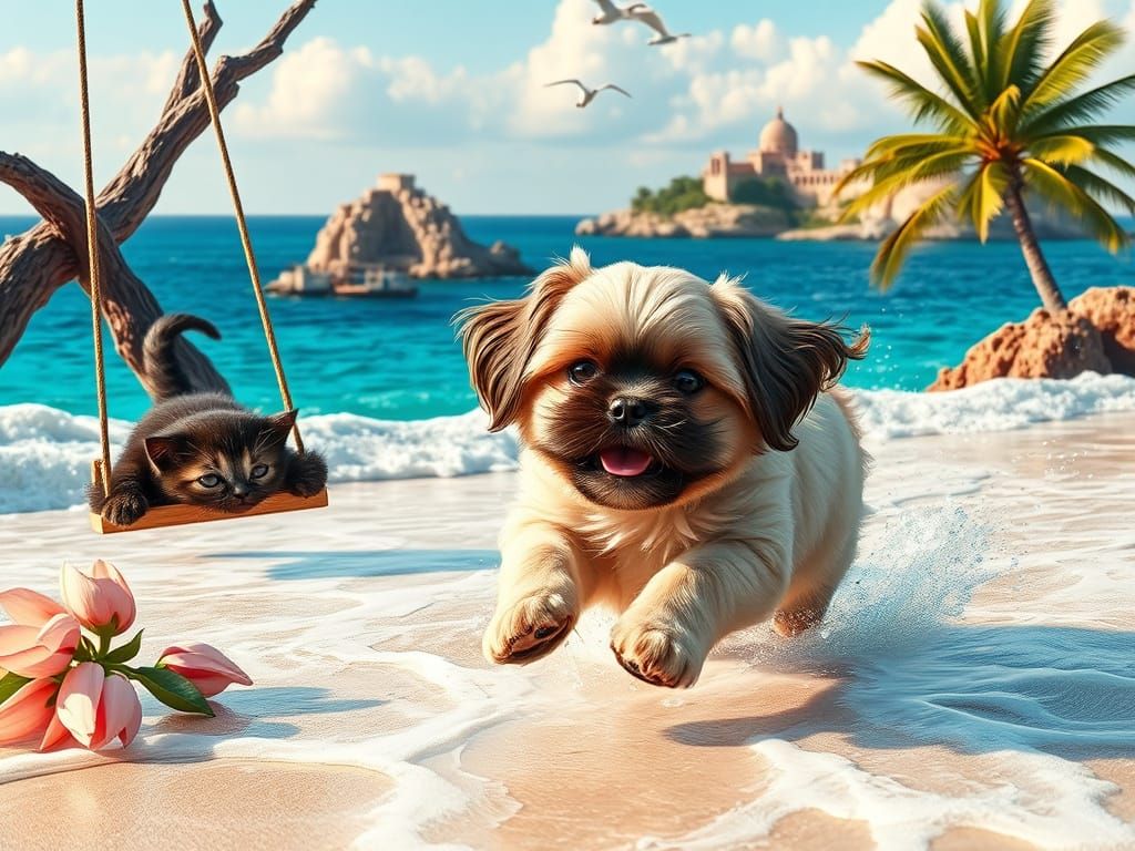 Joyful Shih Tzu Puppy Invites Play in Vibrant Beach Scene