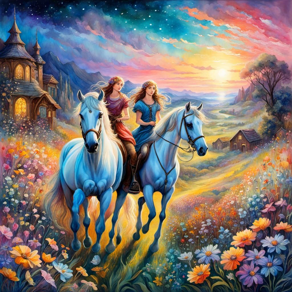 Fantasy Horses and Children in Watercolor Style