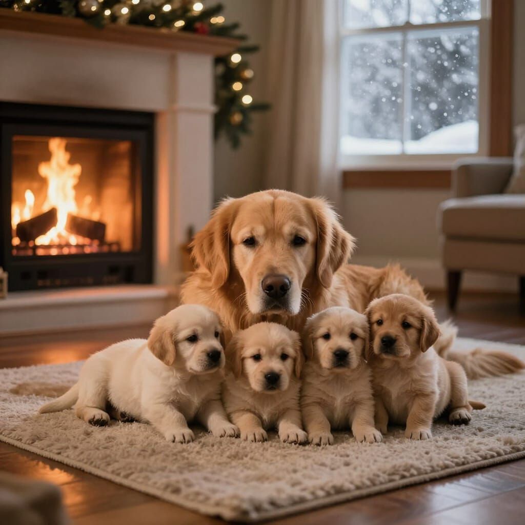 Cozy Christmas Puppies by the Fireplace