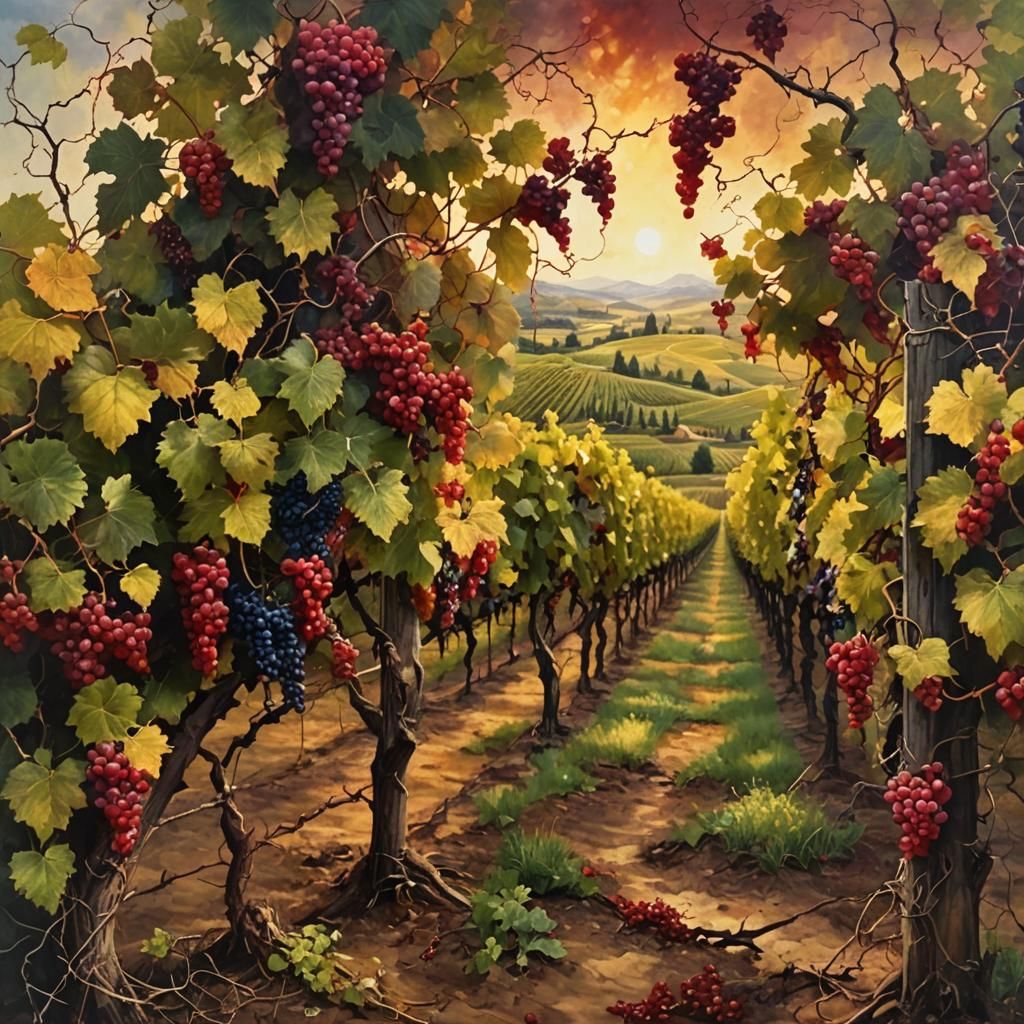 Esoteric Vineyard Landscape in Watercolor Style